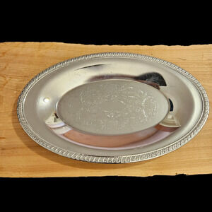 Vintage Chrome Oval Tray 12"x8" Engraved Center & Rope Edge Border